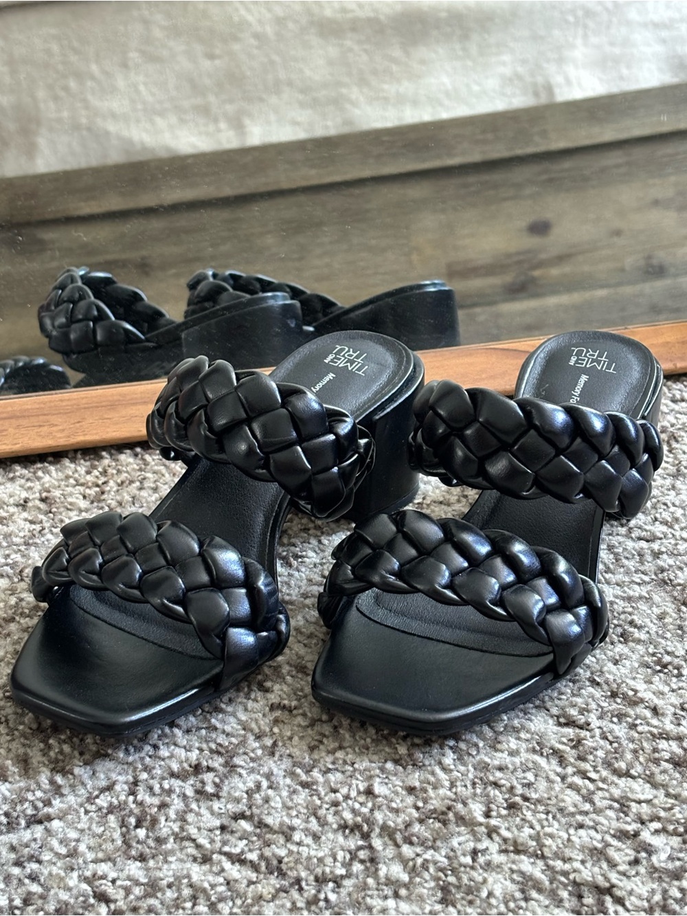 Time and Tru Black Braided Block Heel Sandals